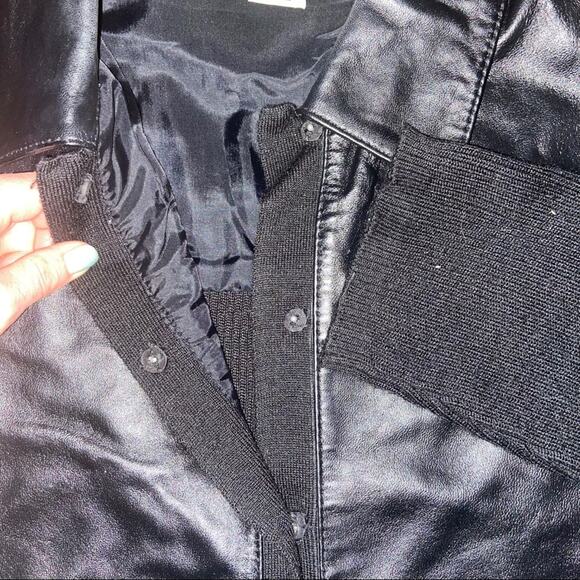 Y2K Black Leather Mixed Knit Zip Up Minimalist Timeless Jacket Womens M Comfort - Picture 3 of 4